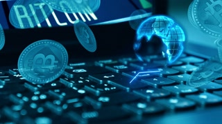 Financial markets and virtual currency value Bitcoin. Cryptocurrency mining animated video.