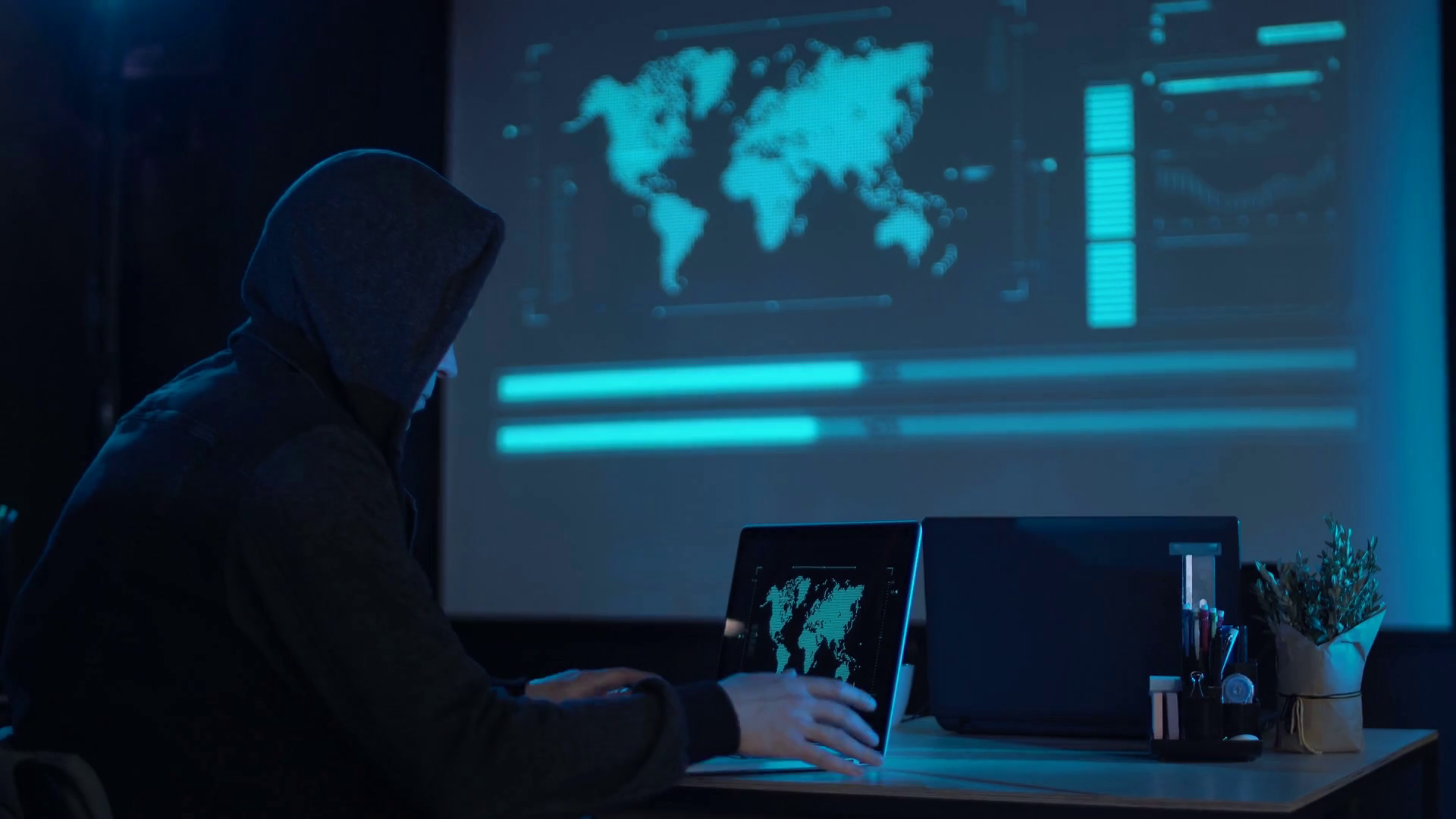 Man In Hood From Back Sitting Working At Stock Footage SBV-314439884 ...