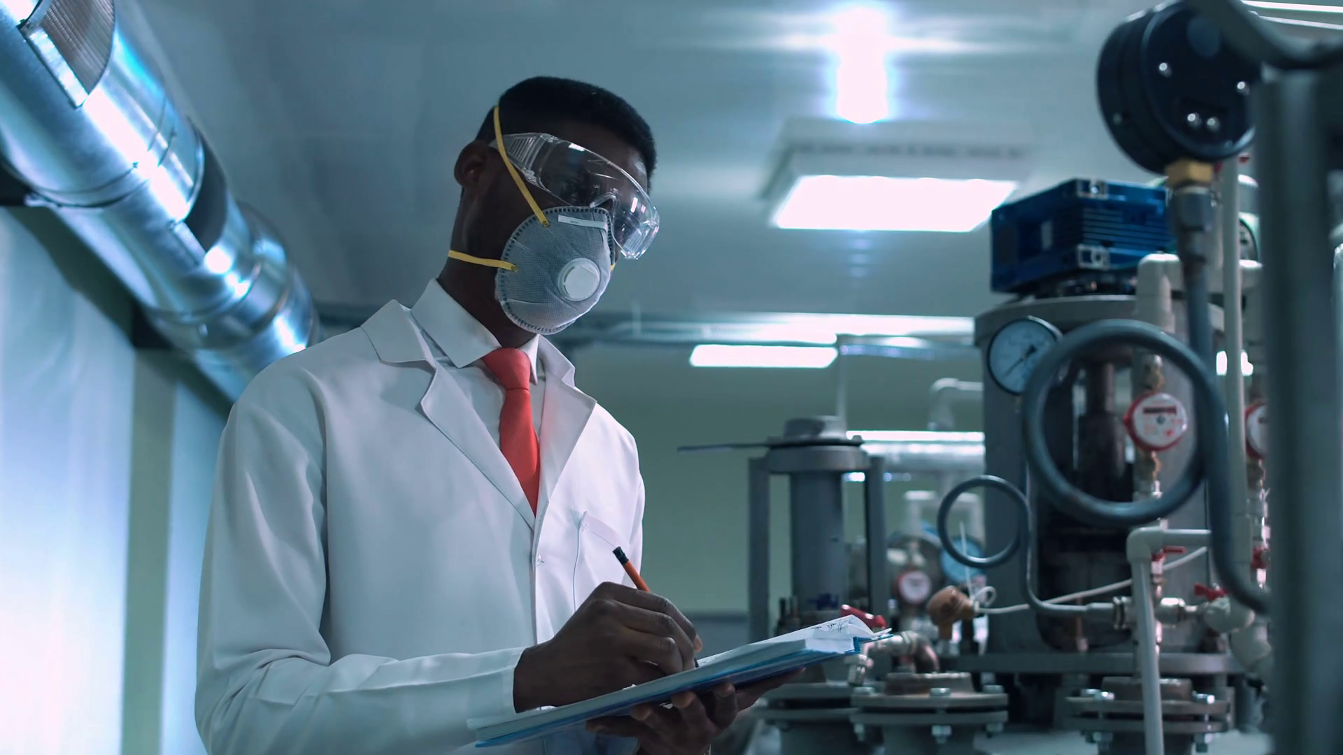 Side view of black scientist in white lab coat, goggles and mask