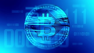 Virtual cryptocurrency Bitcoin sign in digital cyberspace. 4K UHD animation loop with digit.