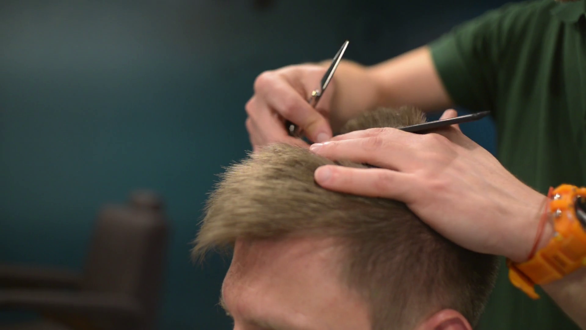 Barber Cuts Hair Of Client With Scissors At Stock Footage SBV311419984