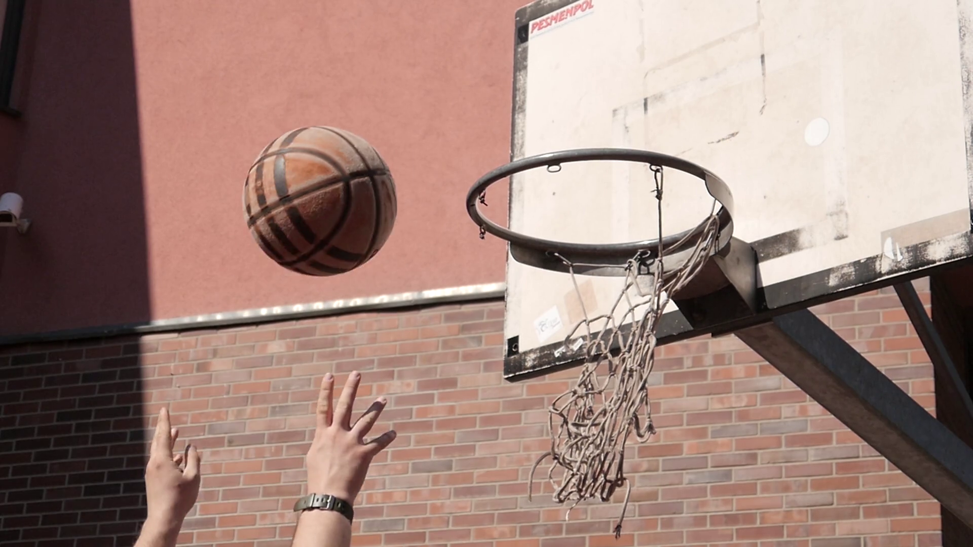 Closeup Of Ball Going Into Basket, Street Basketball Game Stock Video