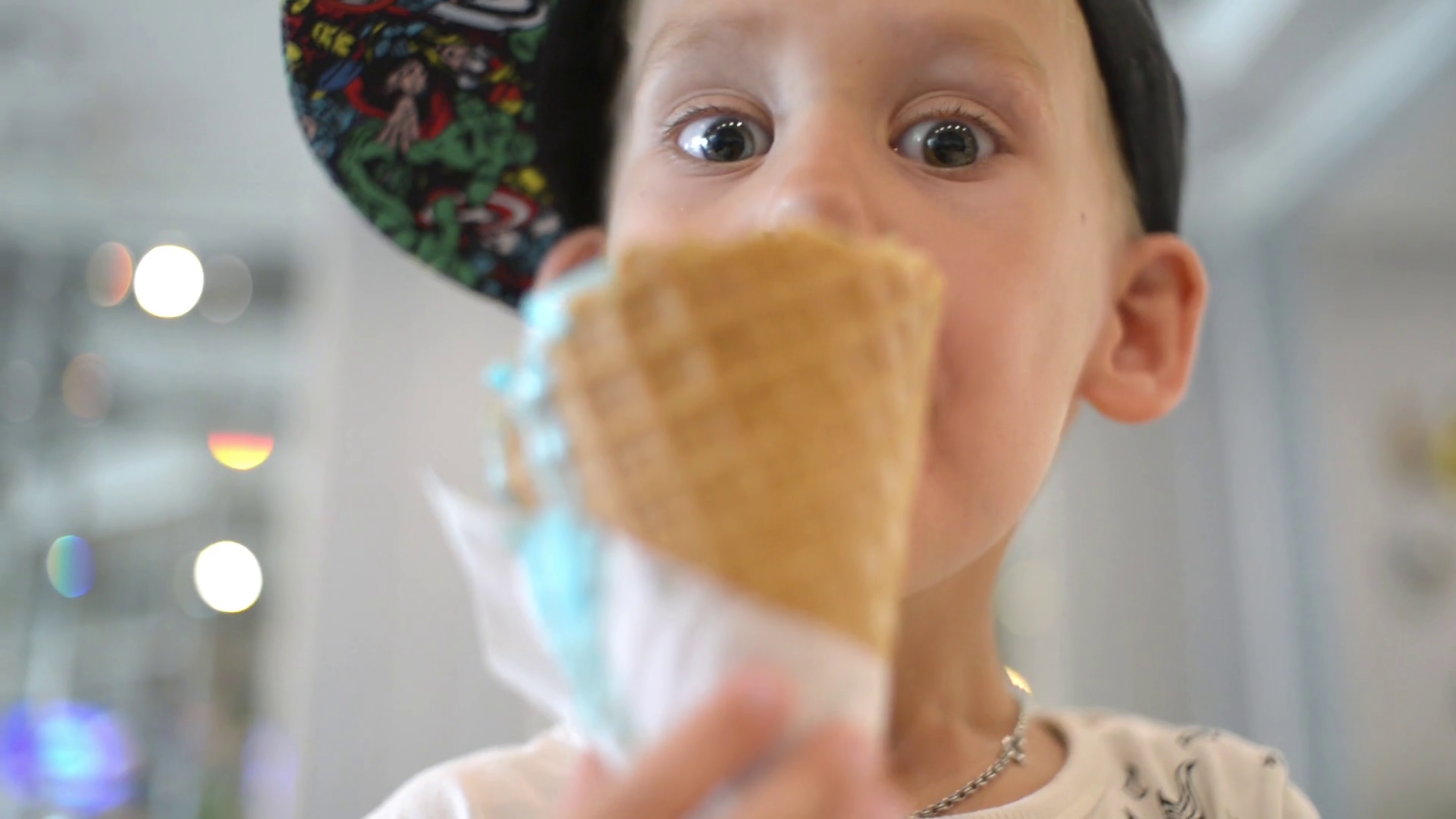 Kid Boy Eats Ice Cream Cone Licks With Tongue Stock Footage SBV