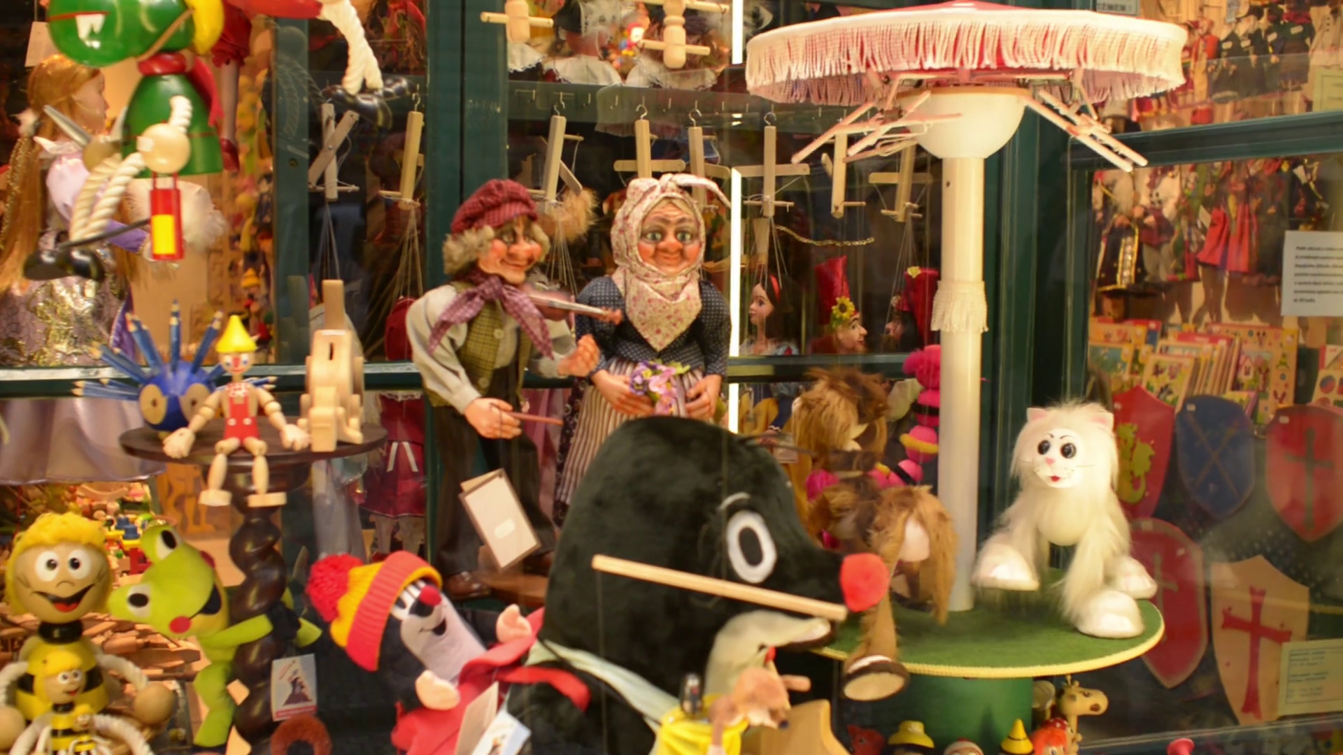 Showcase of children's toys store on the street of Prague Czech