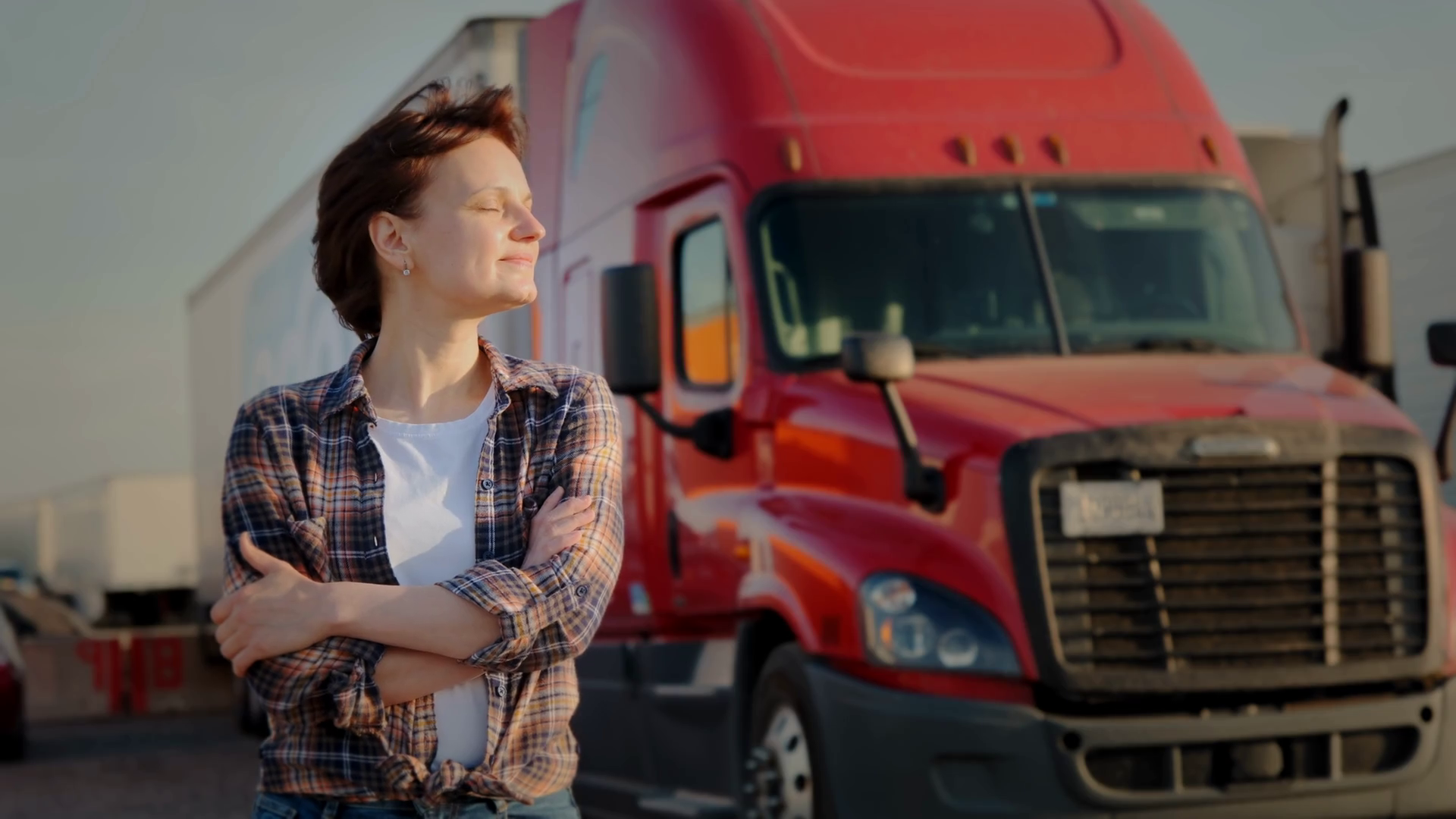 A Woman Trucker Stands In Front Of Red Semi Stock Footage SBV-347694510 ...