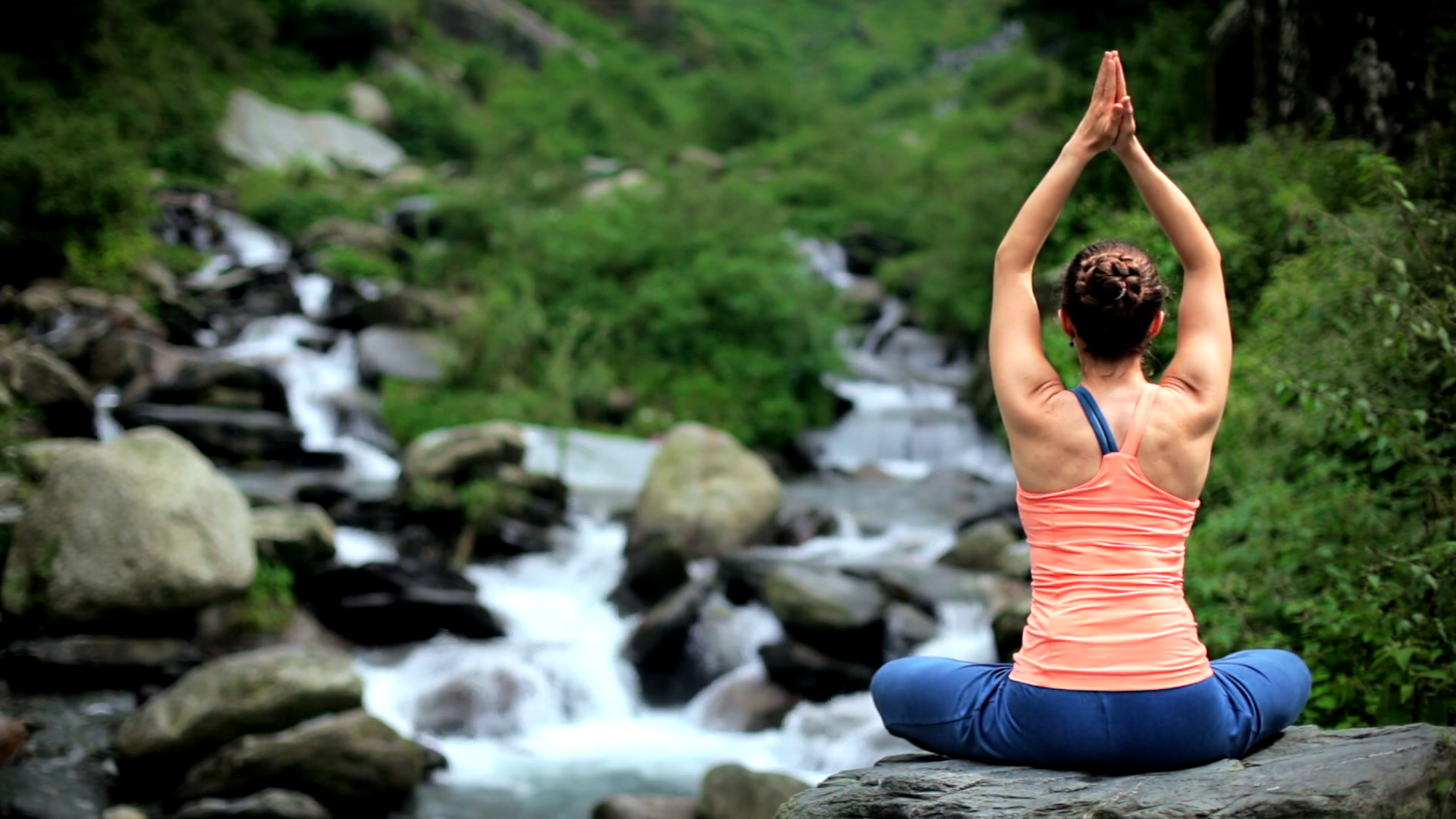 Woman Meditating At Tropical Waterfall Stock Footage SBV-353160369 ...