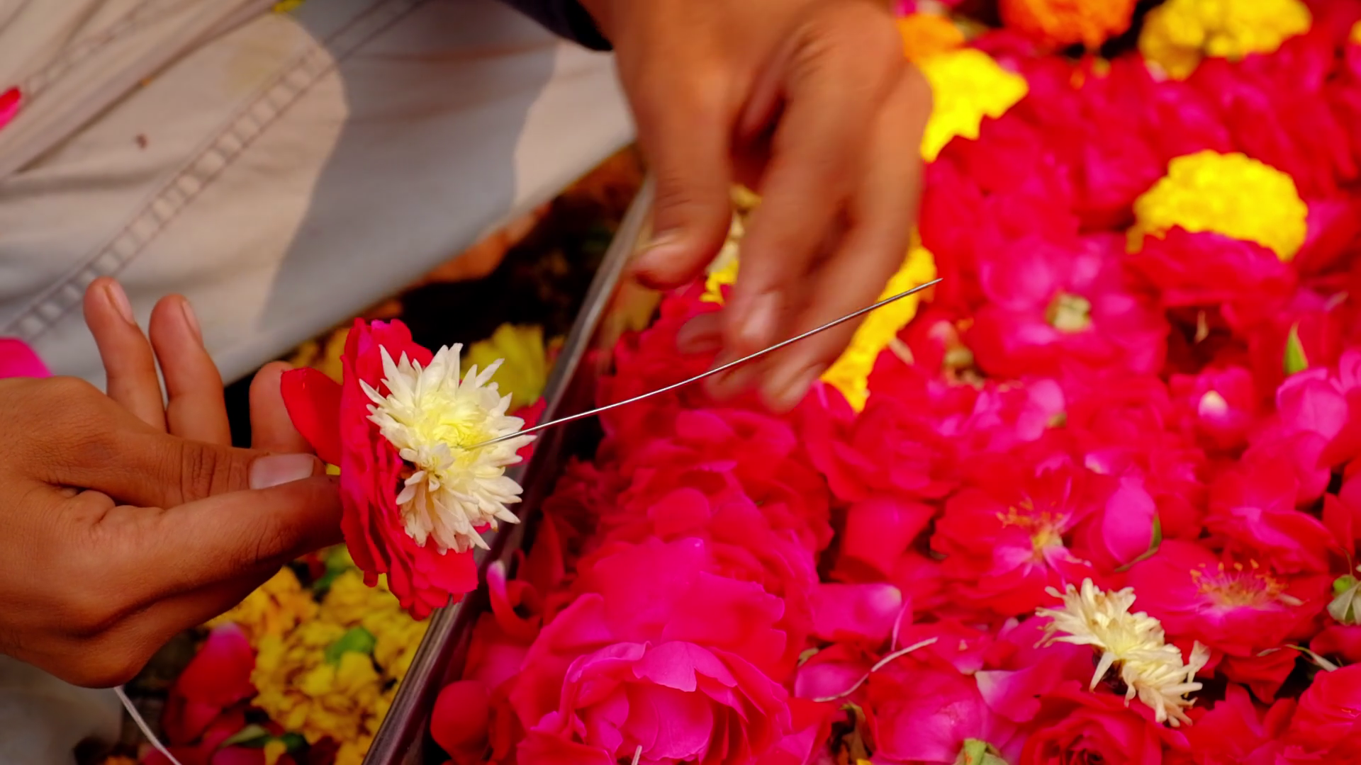 Flower Vendor Making Hindu Flower Garland Stock Footage SBV-353266614 ...
