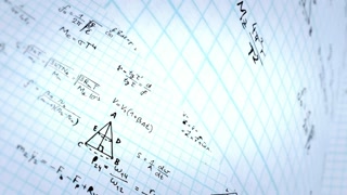 Complex mathematical equations and formulas written on graph paper sheet