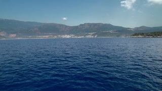 8K Hyperlapse boat travels across Aegean Sea near Athens Greece, islands in view. Sunny summer voyage on open water, coastal excursion, blue ocean journey, tourism mood.