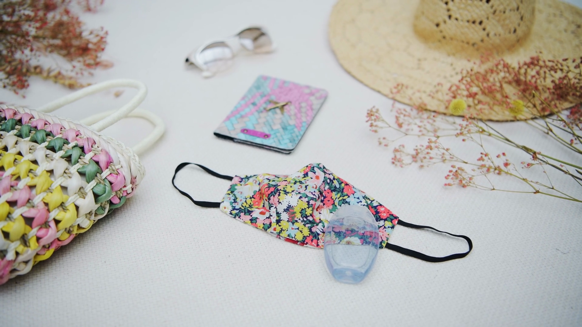 Floral Face Mask Travel Flat Lay Concept Stock Footage SBV-352951923 ...