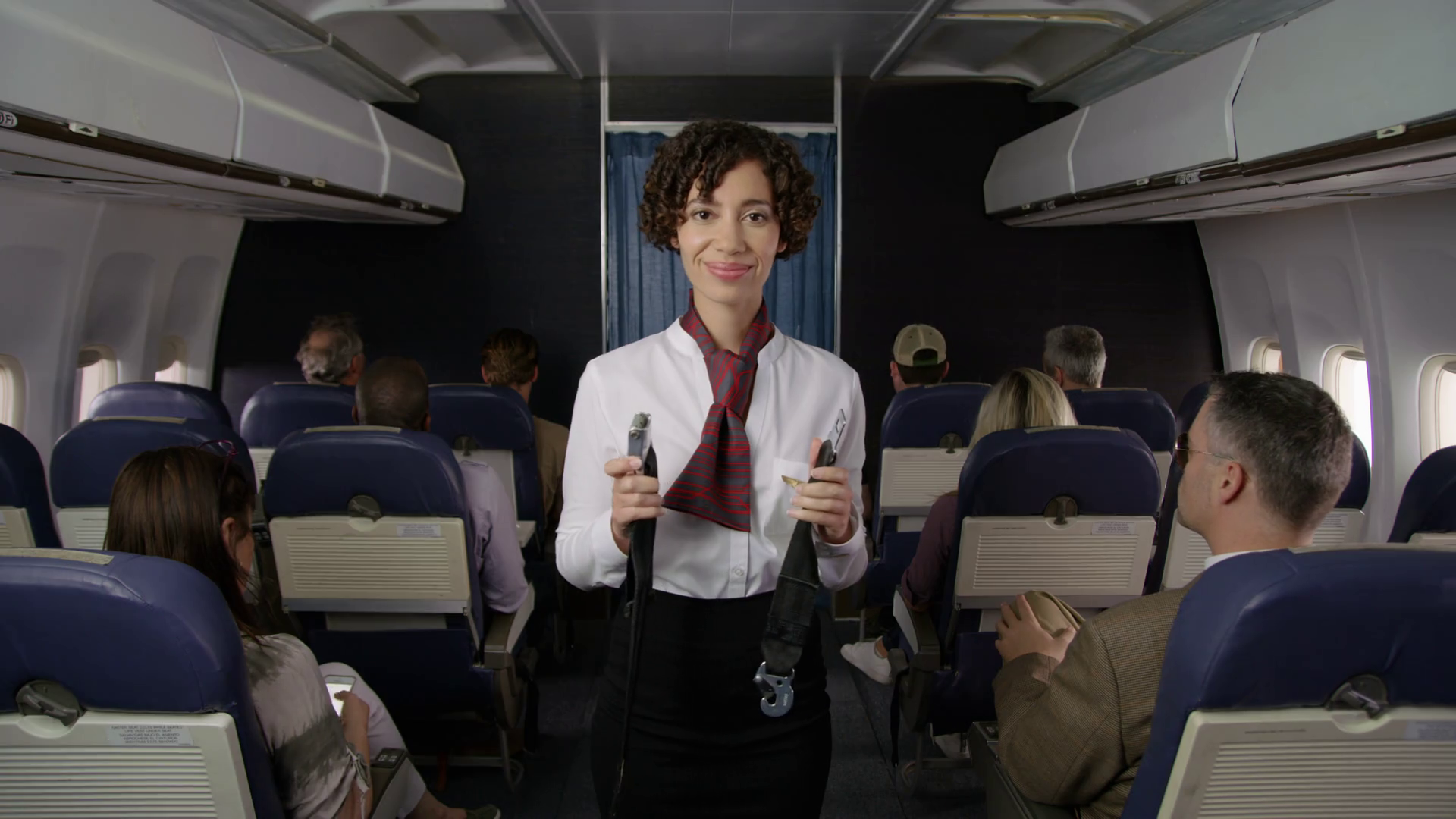Airliner Flight Attendant Explaining Saftey Stock Footage SBV347629951