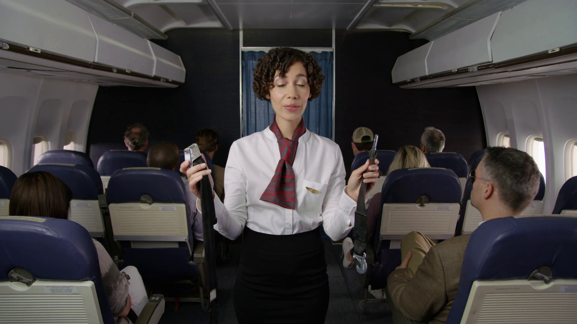 Airliner Flight Attendant Explaining Saftey Stock Footage SBV347629964