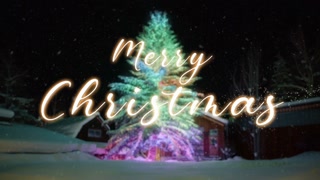 Holiday background with sparkling shiny gold Merry Christmas on Christmas tree