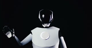 Advanced Humanoid Robot with LED Eyes Simulating Human Behavior Make Wave Gesture at Camera. Future Technology Concept