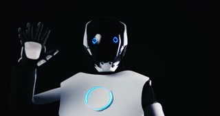 Advanced Humanoid Robot with LED Eyes Simulating Human Behavior Make Wave Gesture at Camera. Future Technology Concept