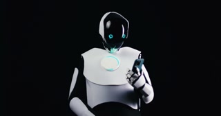 Advanced Humanoid Robot with LED Eyes Simulating Human Behavior Using Phone Smartphone Device Browsing Social Media Internet.