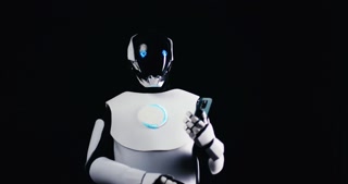 Advanced Humanoid Robot with LED Eyes Simulating Human Behavior Using Phone Smartphone Device Typing Message.