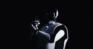 Advanced Humanoid Robot with LED Eyes Simulating Human Behavior Showing Thumbs Up at Camera. Future Technology Concept.