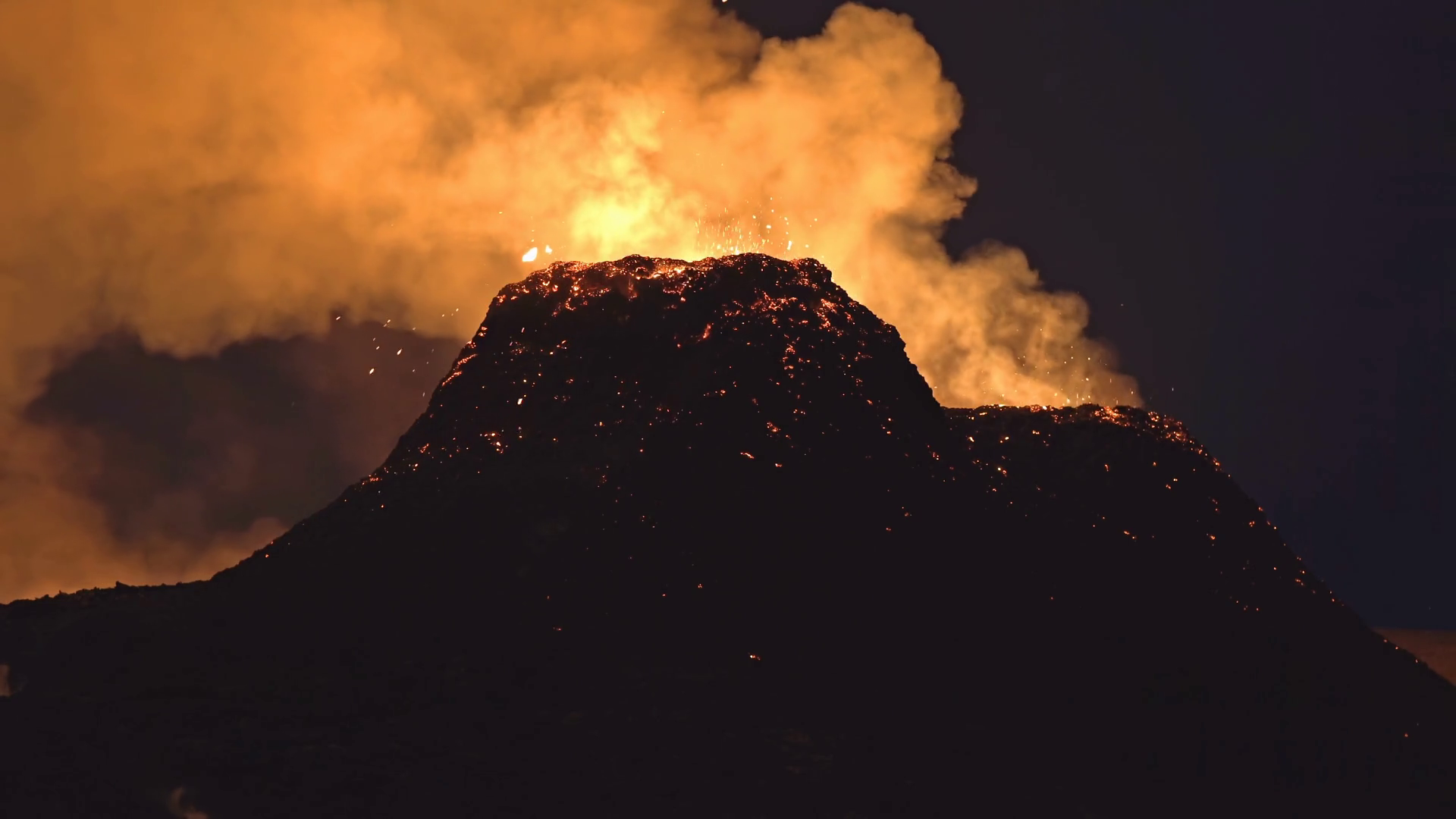 Volcano Cone Crumbling Glowing At Night With Stock Footage SBV