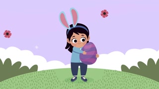 happy easter animation with girl lifting egg