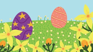 happy easter animation with eggs in landscape