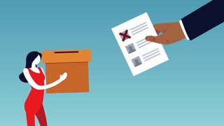 election day democratic animation with hand lifting voting card and woman lifting urn