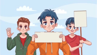 young teenagers boys protesting anime characters animation