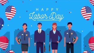 happy labor day celebration with usa flag in balloons helium and workers ,4k video animated