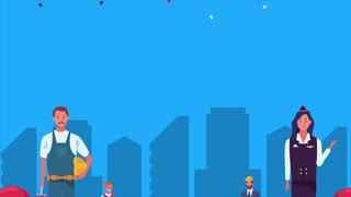 happy labor day celebration with workers and balloons helium usa flag ,4k video animated