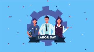 happy labor day celebration with workers in gear machine ,4k video animated