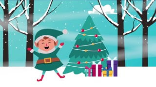 happy merry christmas card with elf and pine tree ,4k video animation