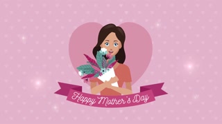 happy mothers day lettering in ribbon with daughter and bouquet