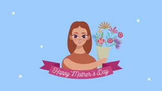 happy mothers day lettering in ribbon with mom and bouquet