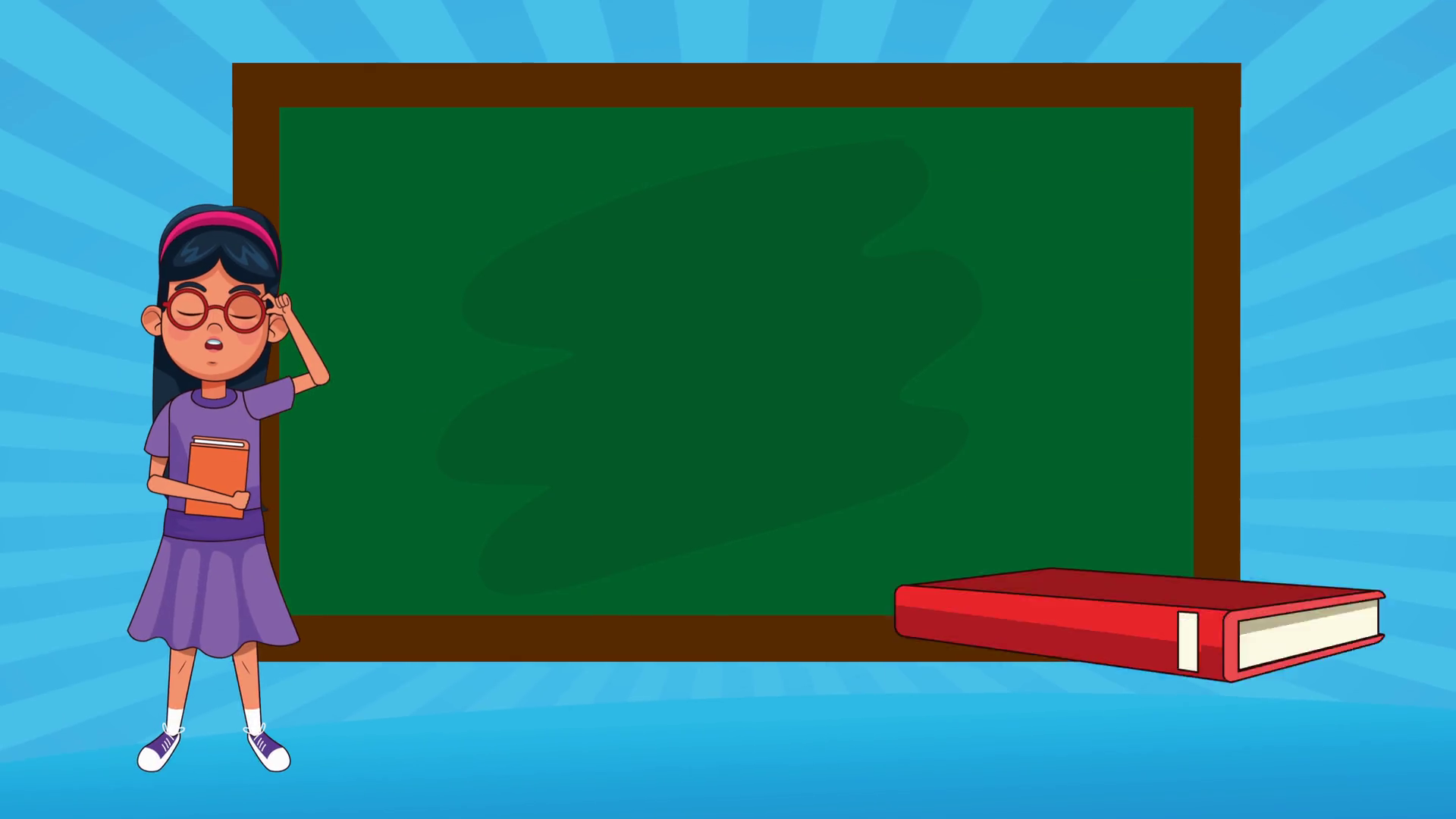 little student girls reading books and chalkboard animated characters