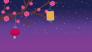 mid autumn festival lettering animation with tree branch and lamps ,4k video animated