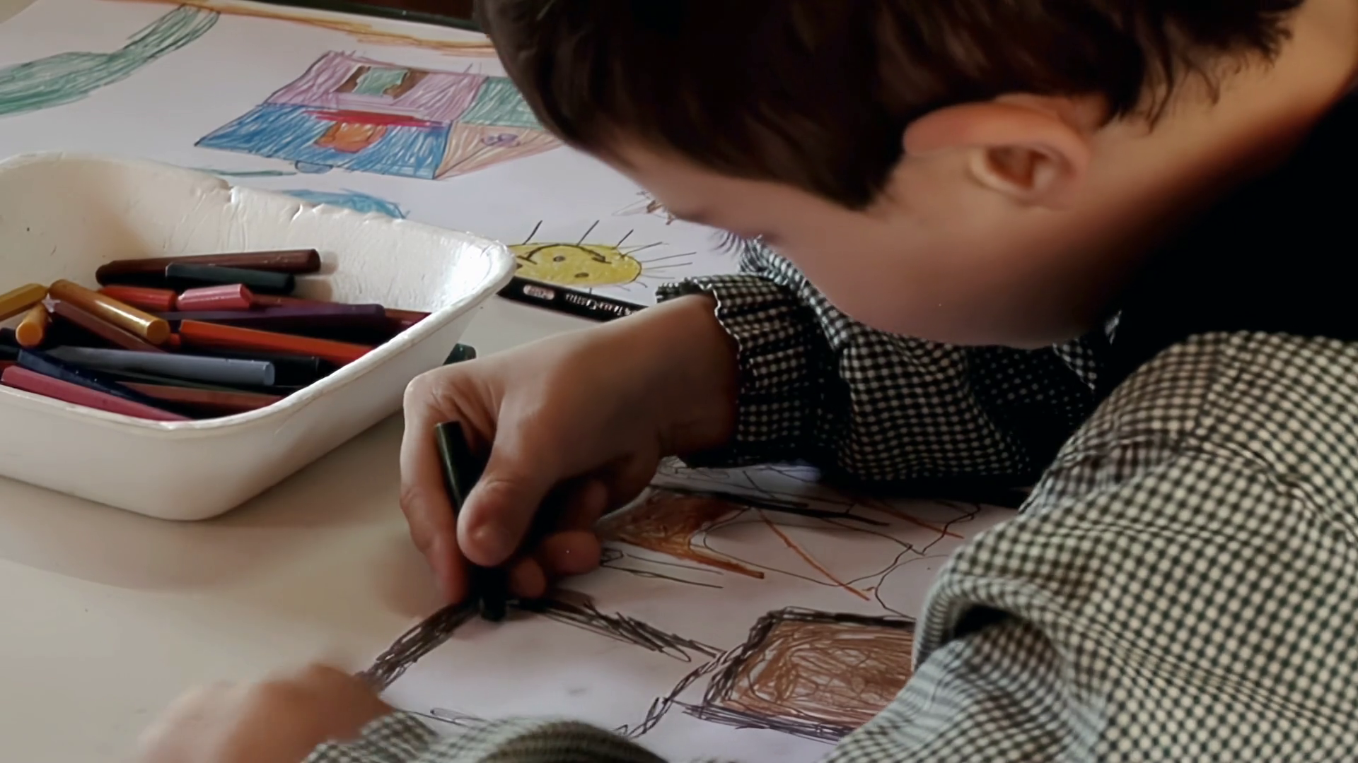 Kindergarten Child Drawing With Crayons In Stock Footage SBV-352778774 ...