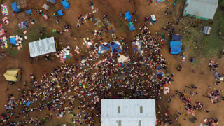 Aerial perspective of a crowded indigenous market in Kako village, Omo valley, Ethiopia