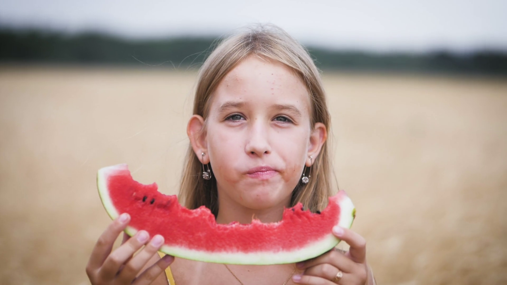 Cute Girl Eating Juicy Watermelon Standing Stock Footage SBV346749377