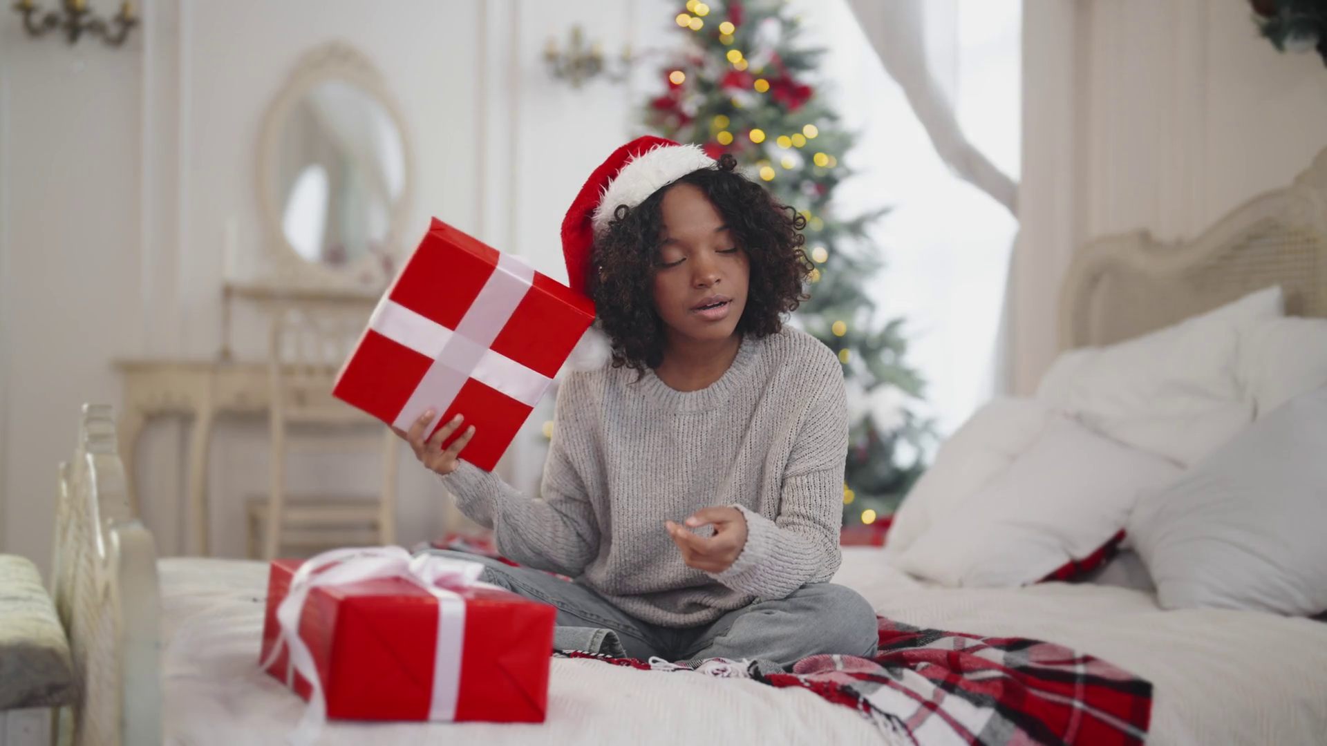 Young African American Woman In Santa Hat Stock Footage SBV-348636062 ...