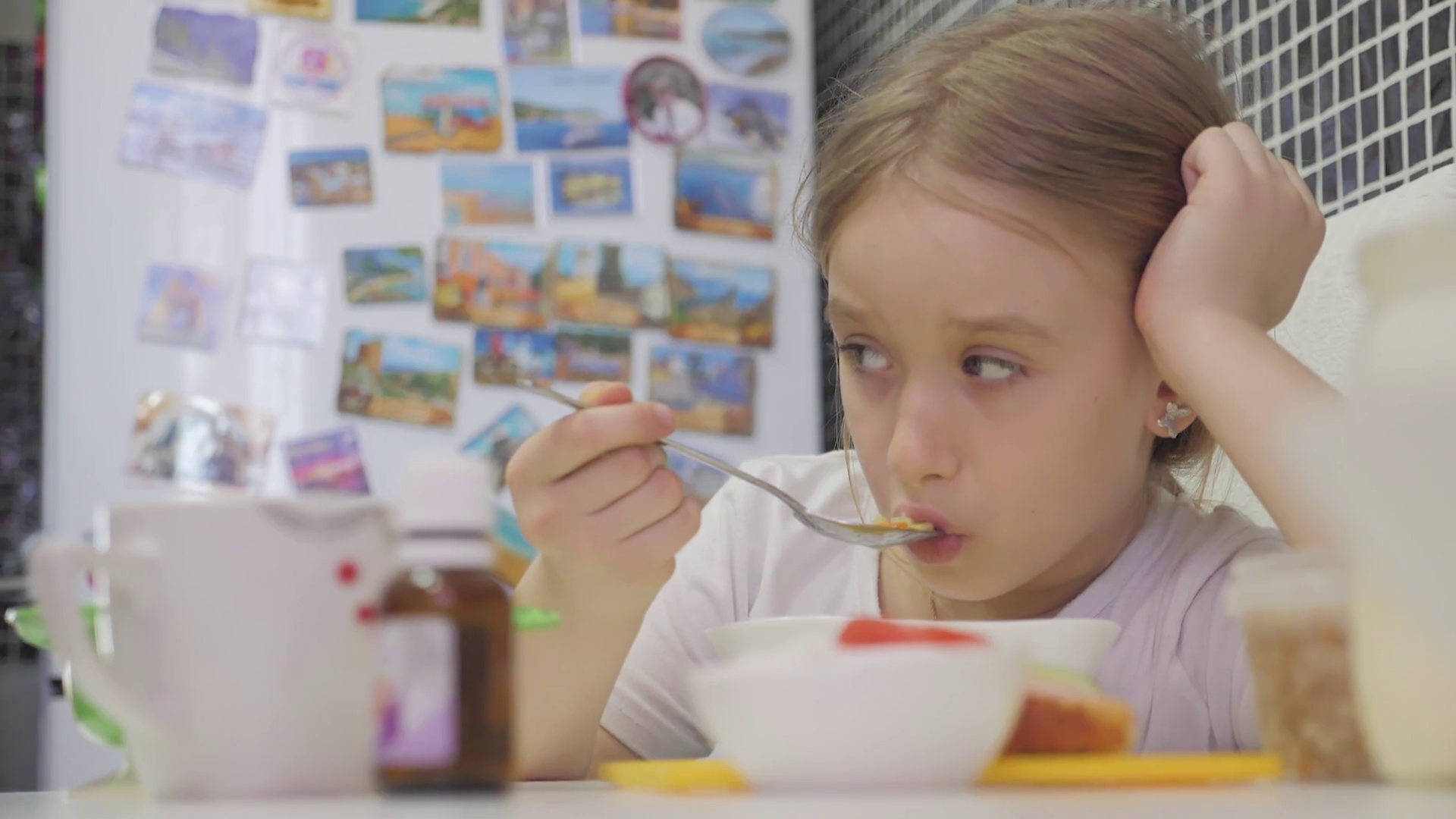 Child Enjoying Soup At Home Little Girl Stock Footage SBV332615458