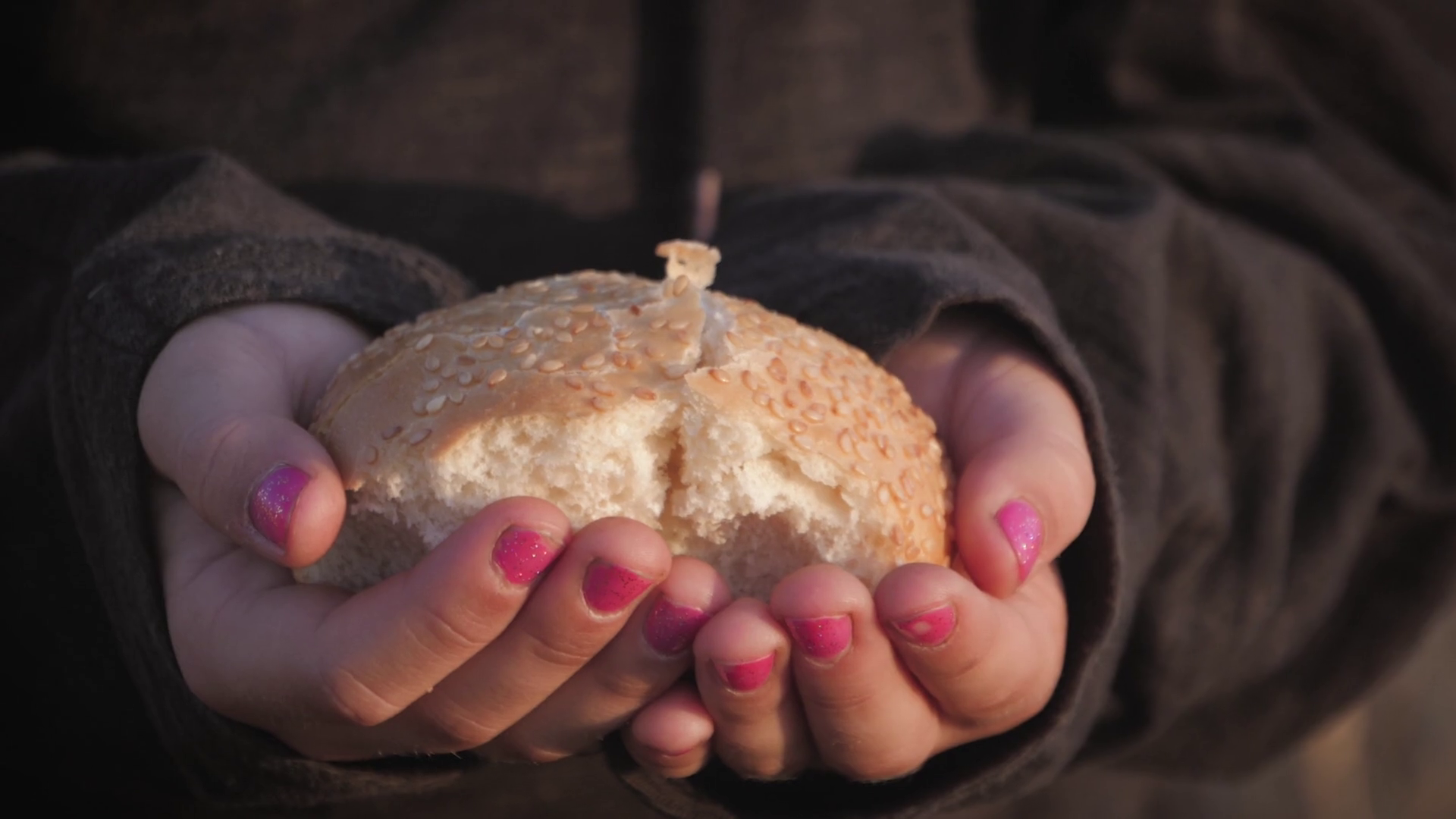 Hungry Child Eating Bread In Wheat Field Summer Outdoor Lifestyle 