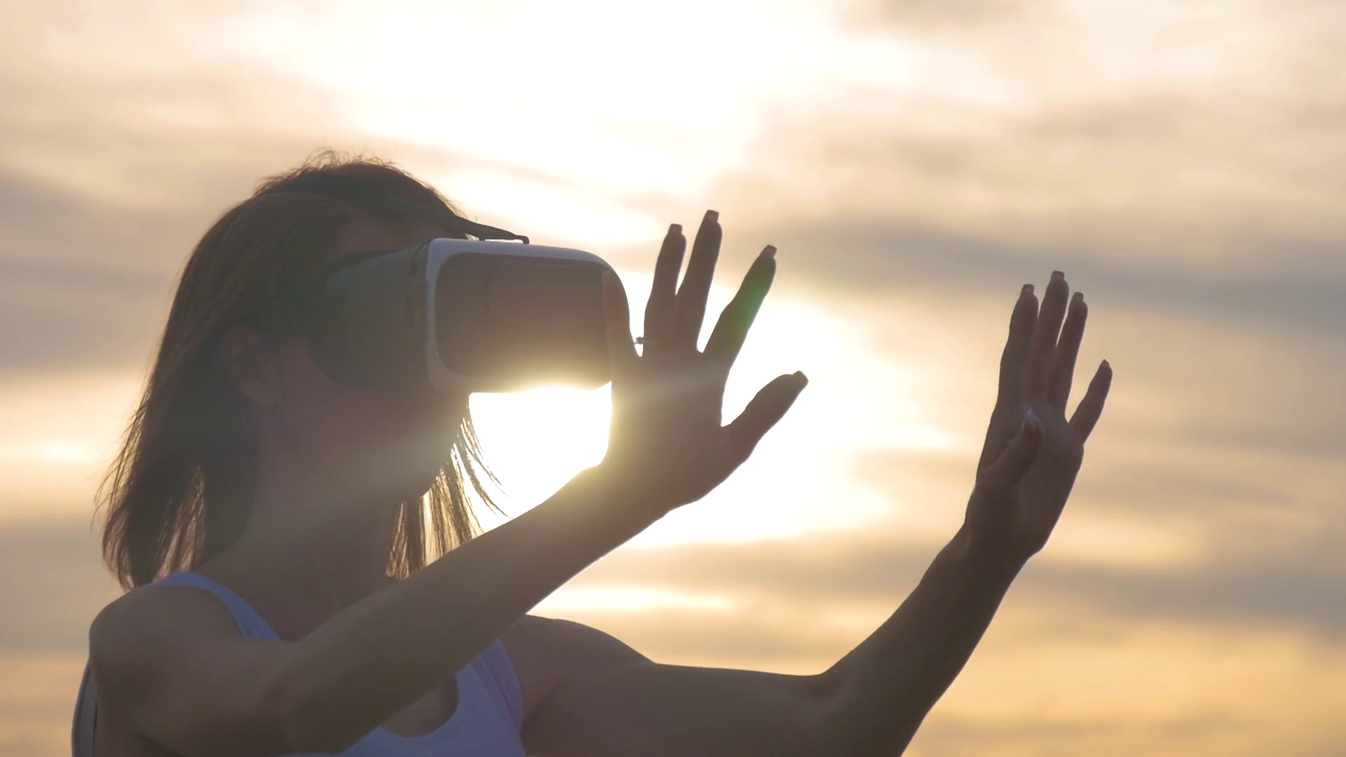Woman with glasses of virtual reality at nature. Future technology