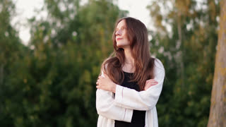 Confident Brunette Beautiful Woman Crossed Arms Looking Away