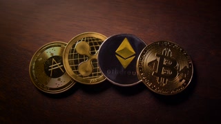 Cryptocurrency Coins Placed Carefully on a Natural Wooden Surface with Texture and Color