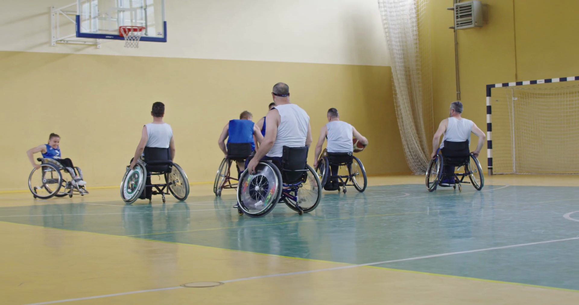 Wheelchair Basketball Game Players Compete, Dribbling Ball, Passing