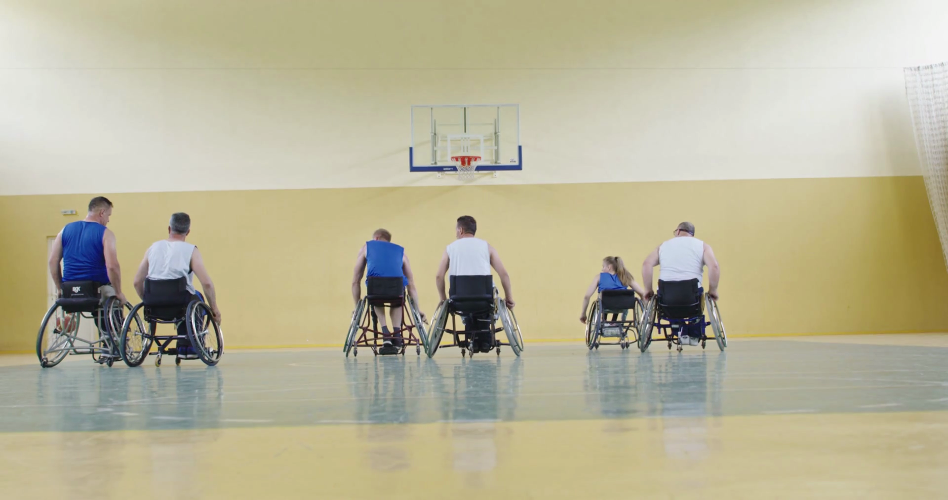 Wheelchair Basketball Game Players Compete, Dribbling Ball, Passing