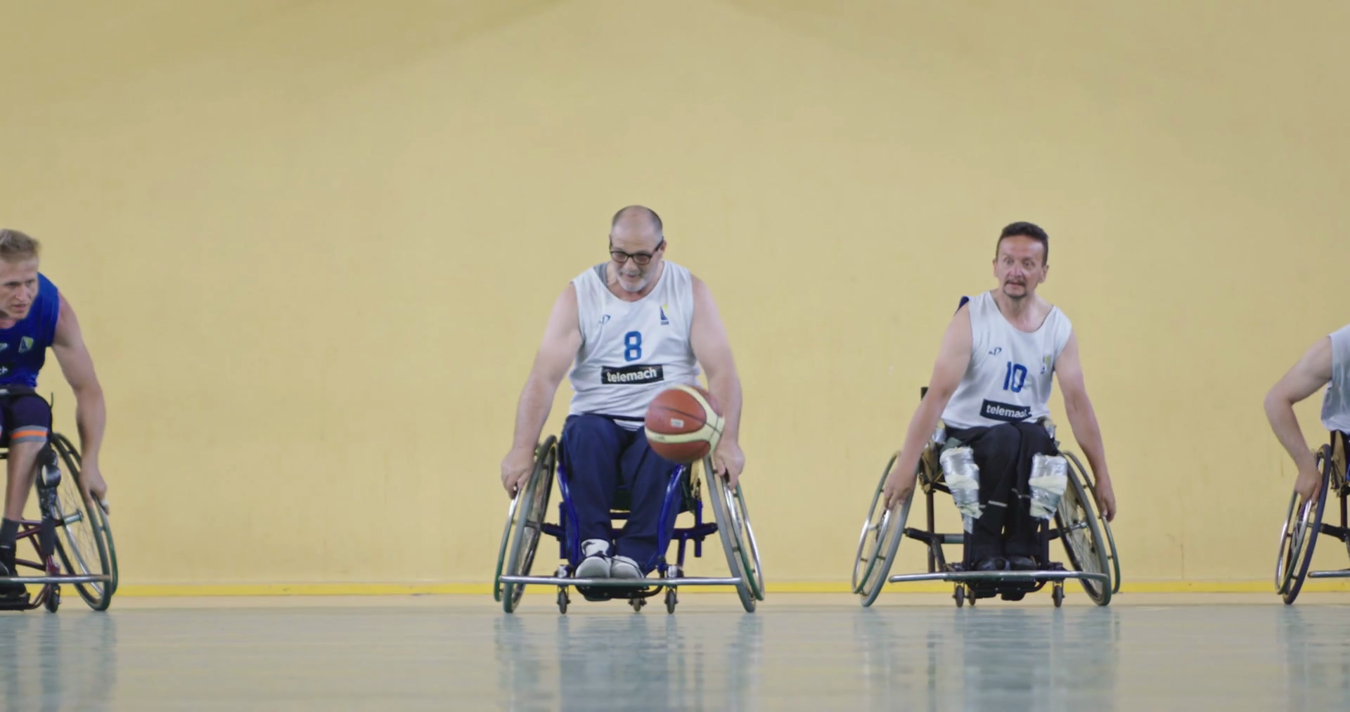 Wheelchair Basketball Game Players Compete, Dribbling Ball, Passing
