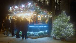 Paris, France, 09 December 2023: Street food in the evening on the Champs-Elysees in Paris. Christmas mood among tourists buying a warm
