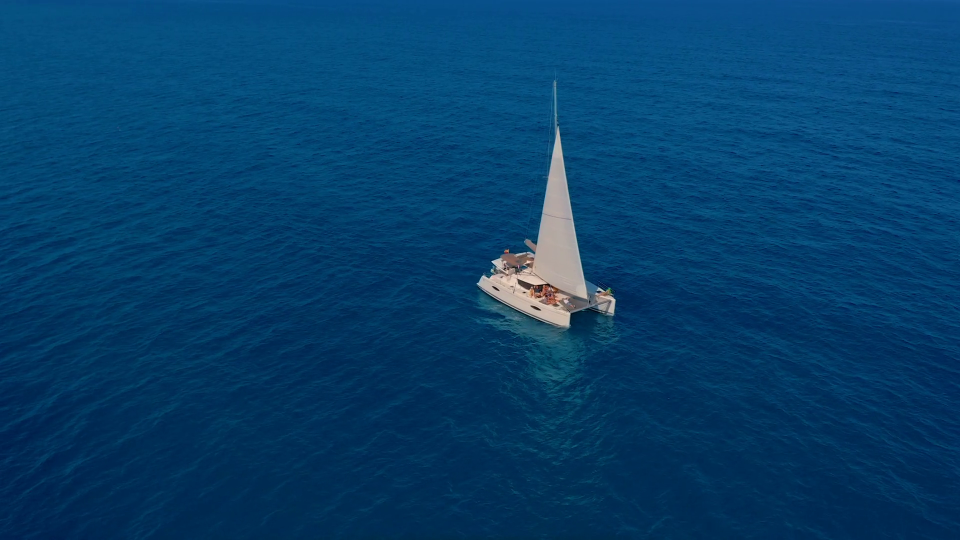 Catamaran sailing on the sea. Aerial shoot of the Catamaran sailing in