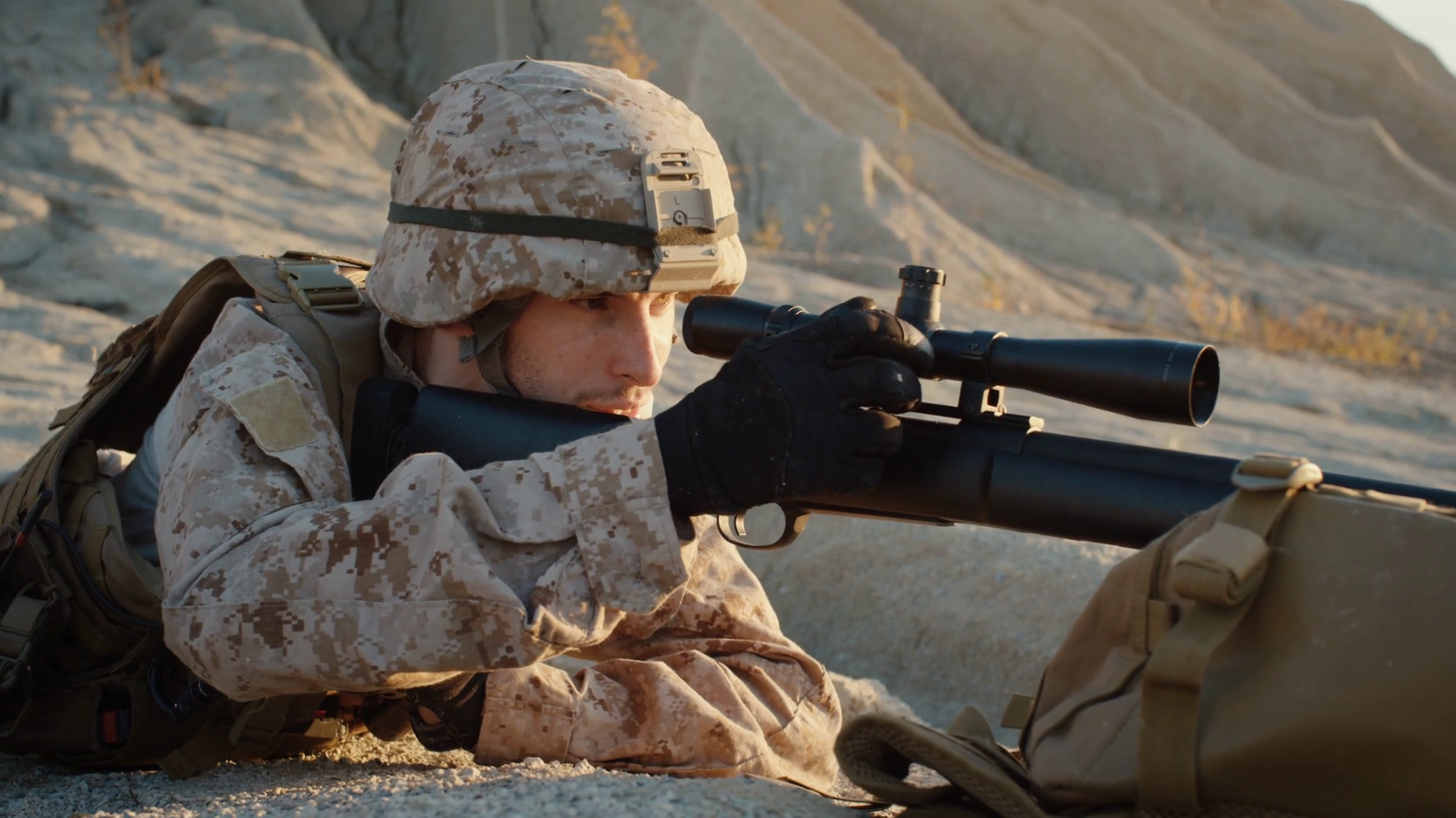Close-up Of Sniper Lies Down On Hill Aims Stock Footage SBV-352154073 ...